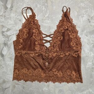 Brown Floral Lace Wireless Longline Bralette Small Coquette Sexy Cropped Fashion